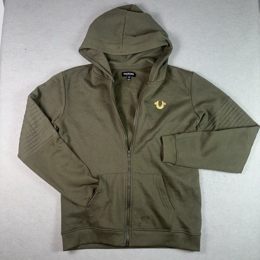 True Religion Moto Zip Up Hoodie Mens Large Olive Green Gold Horseshoe Logo